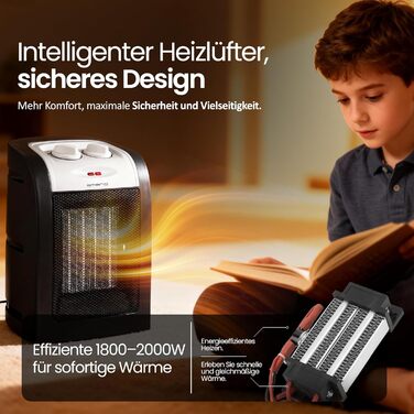 Керамічний вентилятор-обігрівач Emerio 1800 Вт ECO, два рівні потужності, енергозберігаюча робота завдяки PTC (керамічному) нагрівальному елементу, термостат, із запобіжним вимикачем, функція вентилятора, FH-106145 Чорний