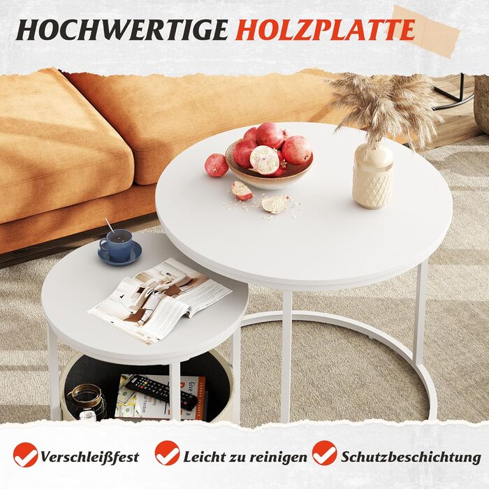 Круглий журнальний столик WLIVE білий, журнальний столик для вітальні з місцем для зберігання, бічний столик з металевим каркасом, журнальний столик для вітальні, спальні, офісу, білий