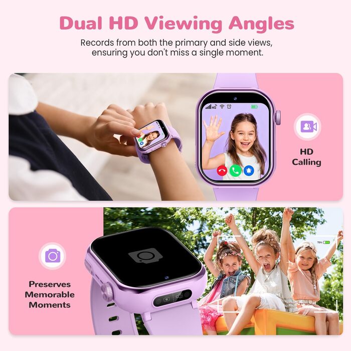 Розумний годинник RUXINGX 4G для дітей з GPS та телефонними дзвінками, дитячий годинник із водонепроникністю IP68, подвійним переглядом, голосовим чатом, ліхтариком, шкільним режимом, крокоміром, будильником для хлопчиків та дівчаток, фіолетовий