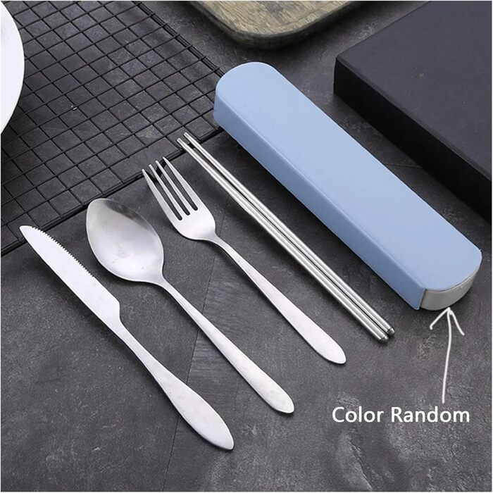 Загальний набір столових приборів з 4 предметів для подорожей, кемпінгу, портативний посуд з нержавіючої сталі, палички для їжі, ложка, виделка, ніж для стейку з футляром для зберігання