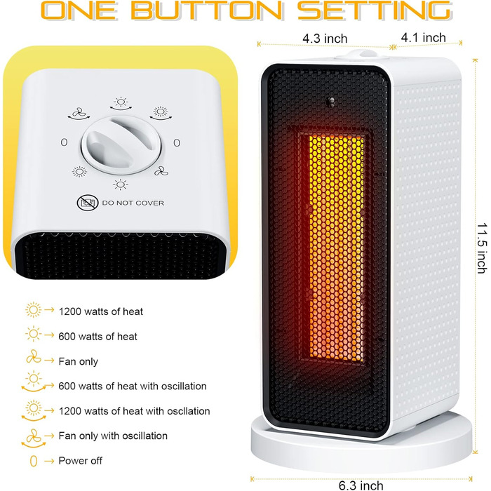 Енергозберігаючий тихий міні-електричний вентилятор-обігрівач Qoosea потужністю 1200 Вт з керамічним нагрівальним елементом, 3 режими, швидке нагрівання 3S, PTC-обігрівач для дому та офісу (білий)