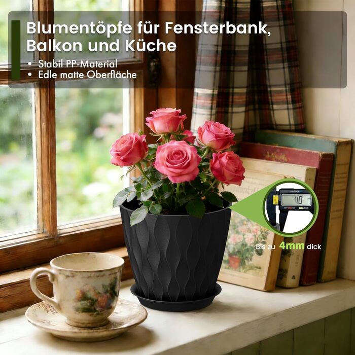 Квітковий горщик 17,6 см, набір із 5 товстих пластикових горщиків для рослин з блюдцями та дренажними отворами, кашпо з 3D хвилеподібною текстурою для рослин-зміїків, рослин-павуків та кімнатних/вуличних рослин, чорний, Ø 17,6 см, 5 шт. у упаковці
