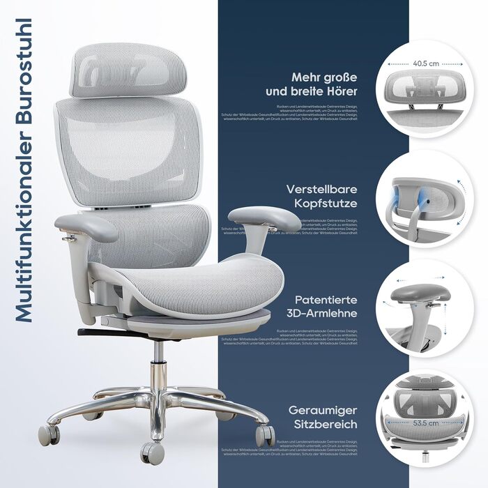 Ергономічне офісне крісло преміум-класу COLAMY з висувною підставкою для ніг регульований