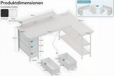 Г-подібний письмовий стіл з 3 тканинними шухлядами, 140 x 80 см. Двосторонній кутовий письмовий стіл з підставкою для монітора, розеткою та USB-портом для зарядки для домашнього офісу, чорний.