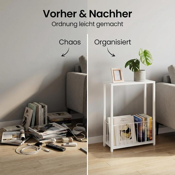 Вузькі приставні столики, столики для дивана з полицею для журналів, компактний дизайн для невеликих кімнат, вітальні, спальні або офісу, 18 x 43 x 60 см, білий