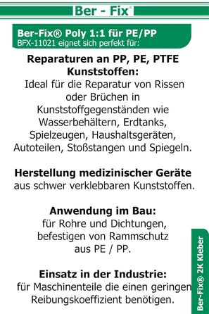 Клей Ber-Fix 6x50g 2K Poly 11 PE PP, будівельний клей для поліпропілену (PP) та поліетилену (PE), без грунтовки, швидке затвердіння, в т.ч. 6 порад для змішування, міцний двокомпонентний пластиковий клей Пістолет не в комплекті Стандарт 6