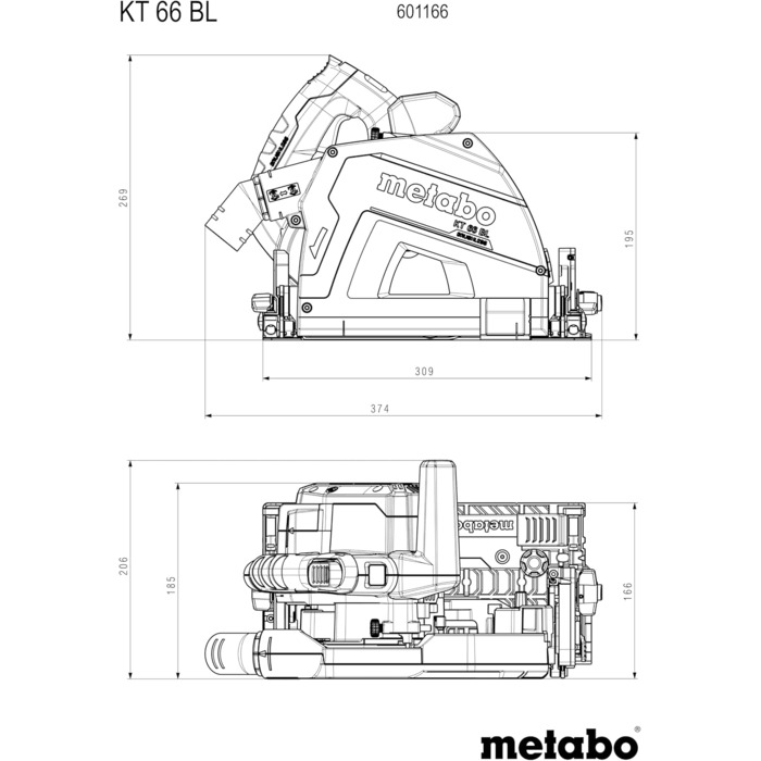 Портативна циркулярна пила Metabo KT 66 BL 1200 Вт, з безщітковим двигуном, з гальмом вибігу, тирсоуловлювачем, пила 601166500