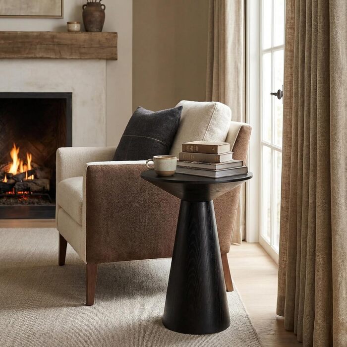 Круглий журнальний столик, чорний дерев&39яний журнальний столик, невеликий круглий журнальний столик для вітальні, вузький круглий журнальний столик як тумба біля ліжка або столик до дивана, сучасні фермерські меблі грибоподібної форми, Ø3450 см