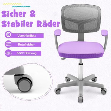Дитяче крісло COSTWAY з поворотом на 360, регульоване по висоті 80-91,5 см зі спинкою та підлокітниками, комп&39ютерне крісло з 5 колесами для дітей 3-10 років (фіолетове)