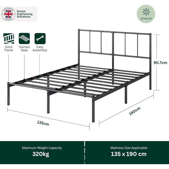 Каркас двоспального ліжка ZINUS Justin - Ліжко 190x135 см - Висота 35 см - Металевий каркас ліжка з узголів&39ям - Каркас ліжка-платформа зі сталевою рейковою опорою - Сучасний дизайн - Легке складання - Чорний 190 x 135 см
