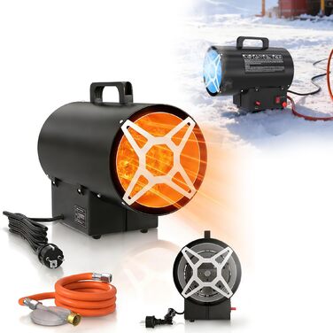 Газовий обігрівач HENGMEI 10 кВт з ручкою для перенесення та шлангом, газовий обігрівач з нержавіючої сталі з регулятором тиску, захистом від перегріву, для майстерень та будівельних майданчиків (чорний) 10 кВт Чорний