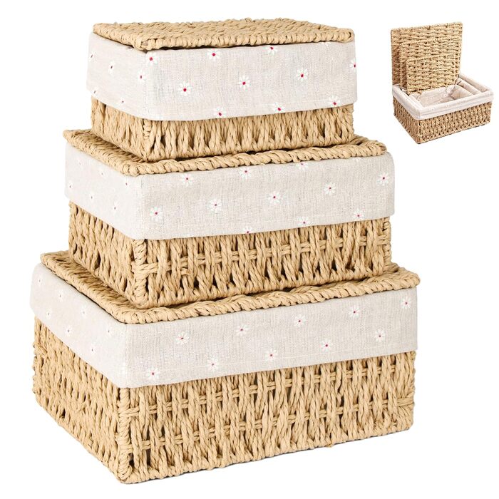 Набір із 3 кошиків для зберігання з кришками плетені кошики з паперової мотузки, 3 розміри, з підкладкою, кошики в стилі бохо для ванної кімнати, іграшок, вітальні та спальні.