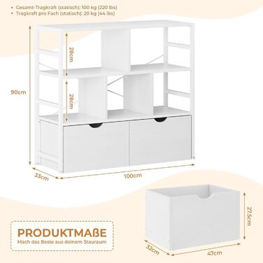 Книжкова полиця Dripex з 2 шухлядами, книжкова шафа з 7 відділеннями з дерева та металевого каркасу, окремостояча кубічна полиця для спальні, вітальні, кабінету, офісу, 33 x 100 x 90 см, біла