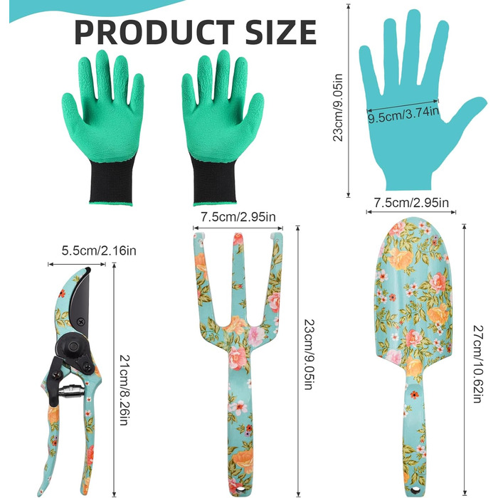 Набір садового інструменту з квітковим принтом (4 шт.) ідеальний подарунок для садівників, включає лопатку, секатор, граблі, рукавицю та інші аксесуари для догляду за садом, колір зелений