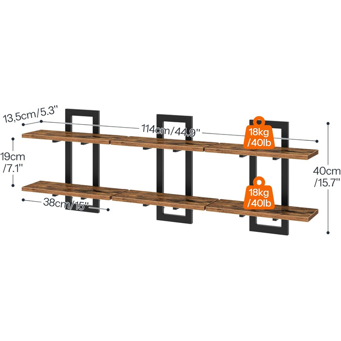 Плаваючі настінні полиці HOOBRO, 2-рівнева настінна дошка, комплект із 3 плаваючих полиць, підвісні полиці для ванної кімнати, настінні полиці 38 см, для вітальні, спальні, кухні, вінтажний коричневий та чорний EBF32BJP301 Вінтажний коричневий, чорний 3