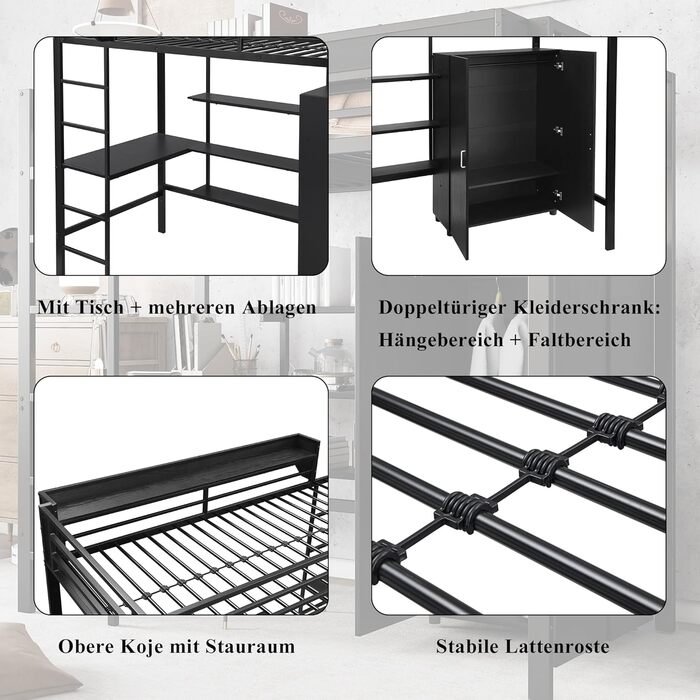 Ліжко-горище Merax 90x200 см з письмовим столом, шафою та полицею для зберігання, міцне металеве двоярусне ліжко з рейковою основою та захисними поручнями, компактне дитяче ліжко-горище, дитяче ліжко-горище, чорне 90 x 200 см, чорне - зі столом та шафою