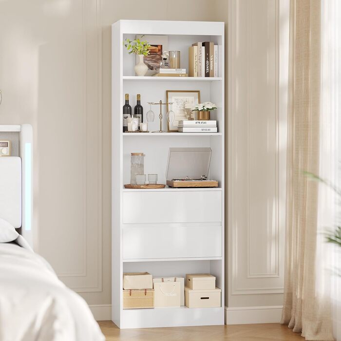 Книжкова шафа, книжкова шафа з 2 шухлядами та 4 відділеннями, шафа для вітальні з регульованими полицями, висока шафа для вітальні, спальні, кабінету, кухні, компактна, 180x60x24 см, білий