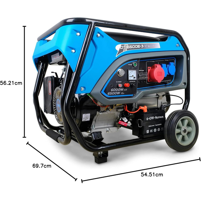 Бензиновий генератор 15 к.с. з електричним стартером Мобільний генератор 400 В 2 x 230 В 6,5 кВт 3-фазний високовольтний генератор 4-тактний бензиновий двигун 420 куб.см Тихий генератор 93 дБ(A)