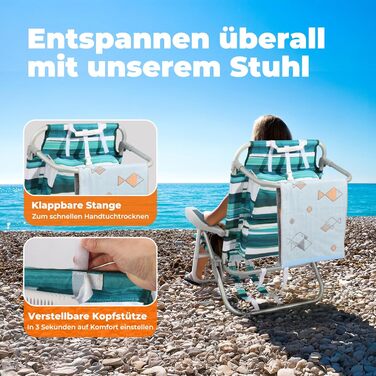 Складаний пляжний стілець Homecall, легкий, регульована спинка в 5 положеннях - Складаний пляжний стілець, до 136 кг, для пляжу, на відкритому повітрі, низька висота, класичний смугастий