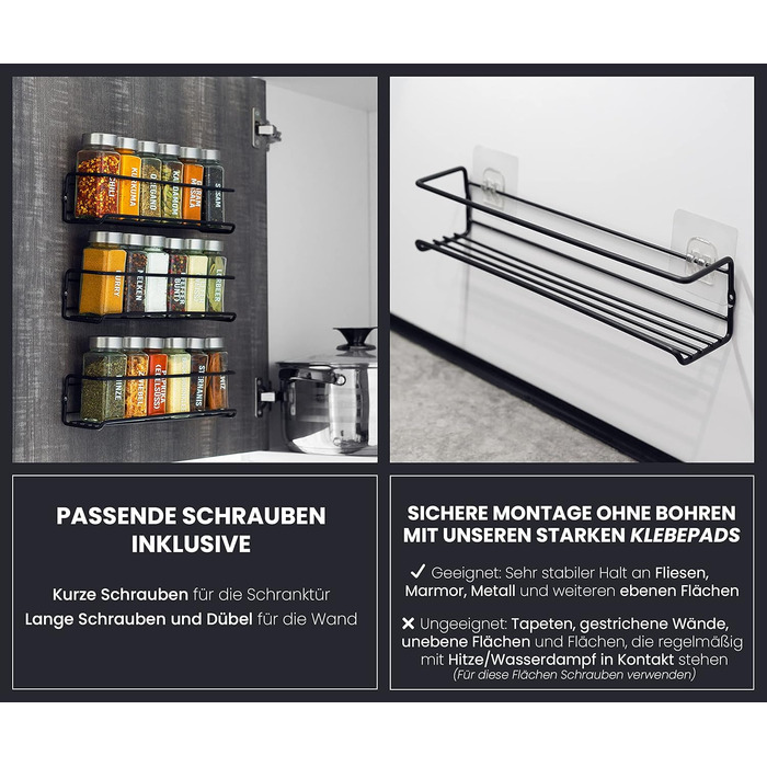 Підставка для спецій з 18 банками - Для підвішування на стіну та дверцята шафи - Не потребує свердління - Підвісний органайзер для спецій з кришками з нержавіючої сталі