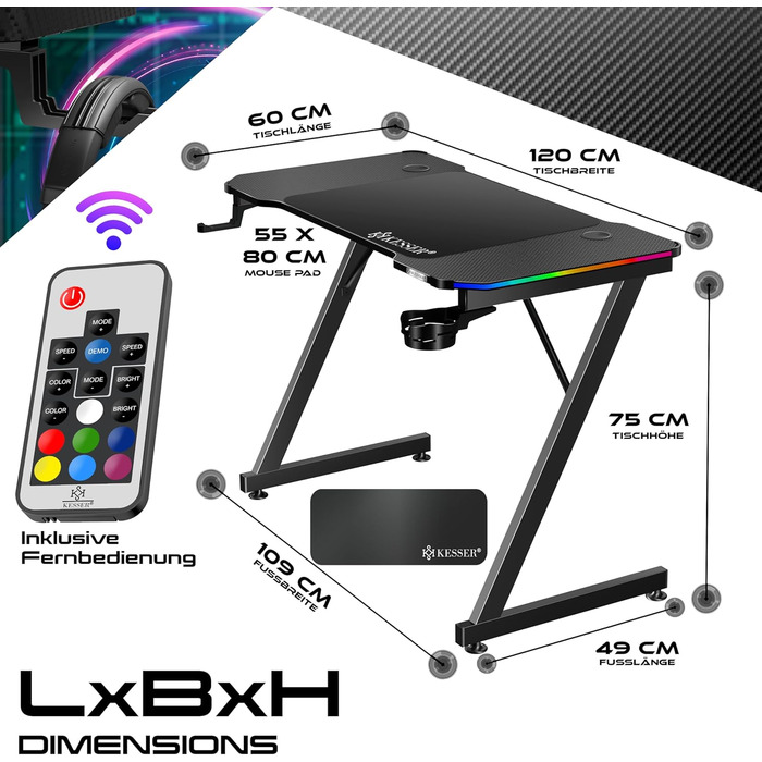 Ігровий стіл KESSER зі світлодіодним освітленням, 120 см x 60 см Z-подібний ігровий стіл Кріплення для навушників та покриття з вуглецевого волокна Ергономічний комп&39ютерний стіл Міцний стіл з підсклянником, чорний, 120 x 60 см, вуглецеве волокно зі сві
