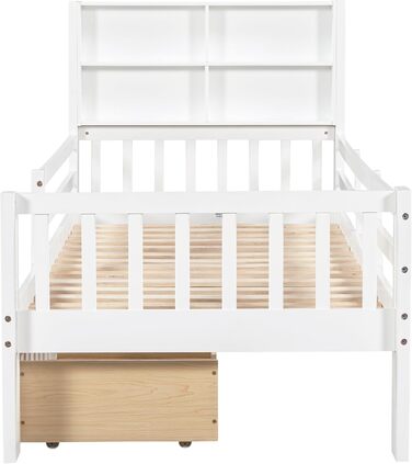 Дитяче ліжко 90x200, дерев&39яне ліжко з шухлядами та дошкою для малювання, узголів&39я з книжковою полицею та поручнями, ліжко з рейковою основою та місцем для зберігання речей, дитяче ліжко, функціональне ліжко, дерев&39яний каркас ліжка, без матраца, б