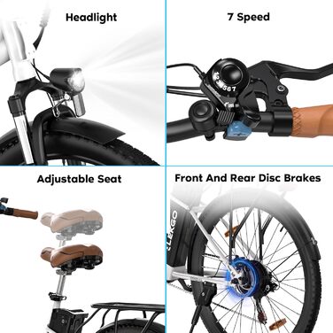 Дюймовий електричний велосипед, 7-швидкісний жіночий велосипед, міський електровелосипед, РК-дисплей, з передньою вилковою підвіскою, міський електровелосипед для чоловіків та жінок, спеціальна версія (білий колір), 28-