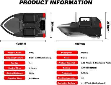Без GPS Човен для приманки з дистанційним керуванням 500 м Човен для приманки з дистанційним керуванням Двомоторний ехолот 2 кг Підтримка зарядки Автоматичний круїз/повернення/корекція маршруту з нічником Покажчик повороту для риболовлі 12000 мАг