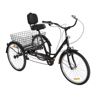 Дюймовий триколісний велосипед для дорослих, 7-швидкісний 3-колісний триколісний велосипед для покупок з кошиком, регульованим сидінням, міський велосипед, велосипед для відпочинку, триколісний велосипед для покупок для старших (чорний), 24-