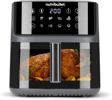 Аерофритюрниця nutribullet Crisplite Vision, 8 л, цифрове керування 80-200, без PFAS, 8 авторежимів, сенсорна панель, кошик придатний для ПММ, 2000 Вт, матовий чорний (NBA0811DG)