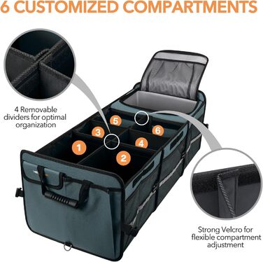 Органайзер для багажника з вбудованою герметичною сумкою-холодильником, 2 стяжними ременями, 4 знімними перегородками, складною кришкою, виготовлений з PE-пластини товщиною 2 мм, сірий