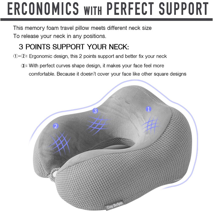 Подушка для шиї для подорожей, Портативна опорна подушка з піни з ефектом пам&39яті, Зручна та легка, Швидка упаковка для кемпінгу, Подушка для сну (сіра)