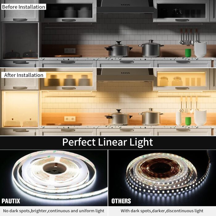 Світлодіодна стрічка PAUTIX COB CCT Теплий білий Холодний білий, 10 М з можливістю затемнення 2700K-6500K з інтелектуальним керуванням додатком 6400 світлодіодів Набір світлодіодних стрічок 24 В із джерелом живлення, CRI93 Супер яскравий для кухонного тел