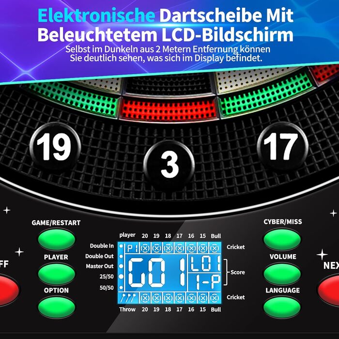 Електронна мішень для дартсу, професійна модель з німецьким голосом та 12 дротиками, електронна мішень для дартсу з РК-екраном, 34 гри та 355 варіацій, електронна мішень для дартсу для 1-8 гравців