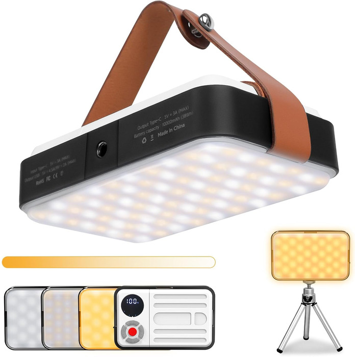 Світлодіодний кемпінговий ліхтар із зарядкою Type-C, портативний кемпінговий ліхтар для намету, двоколірне підсвічування для прямих трансляцій та використання на вулиці, водонепроникний IP63 (чорний та білий)