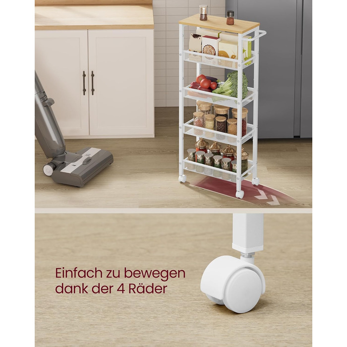 Ярусний візок на колесах, вузький кухонний візок, нішева полиця на колесах, сталь, ручка, для невеликих приміщень, 22 x 45,4 x 99,6 см, кухня, ванна кімната, вітальня, кабінет, дубово-білий LRC035W09 5 ярусів (22 x 45,4 x 99,6 см) дуб білий, 5-