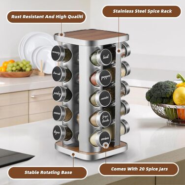 Підставка для спецій FRIBERG з 20 круглими банками для спецій, 100 мл, карусель для спецій з нержавіючої сталі, що обертається на 360, стійка для спецій з лійкою, етикеткою, ручкою та щіткою для чищення, срібляста 20