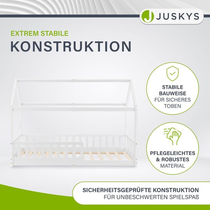 Дитяче ліжко Juskys Marli 90 x 200 см з матрацом, захисними поручнями, рейковою основою та дахом - Ліжко-будиночок з масиву дерева для дітей - Ліжко білого кольору