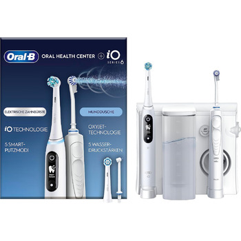 Іригатор для порожнини рота Oral-B Oral Health Center з технологією Oxyjet для чищення зубів, 2 змінні насадки та 6 електричних зубних щіток серії iO, 2 щітки, 5 режимів для догляду за зубами, білий