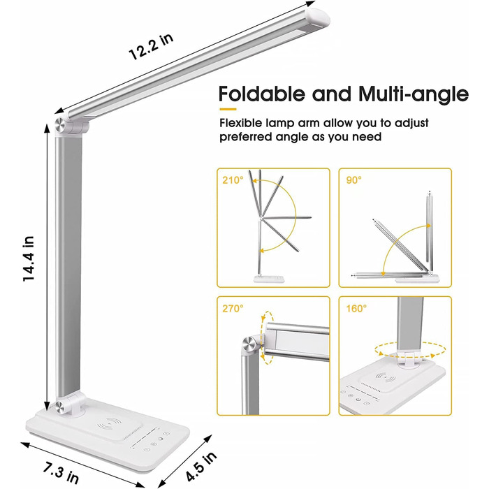 Світлодіодна настільна лампа з бездротовою зарядкою 10 Вт, USB-порт для заряджання, настільна лампа з 5 рівнями яскравості, 5 рівнями кольору, захист очей, чутливе керування затемненням, 30-хвилинна офісна лампа з автотаймером