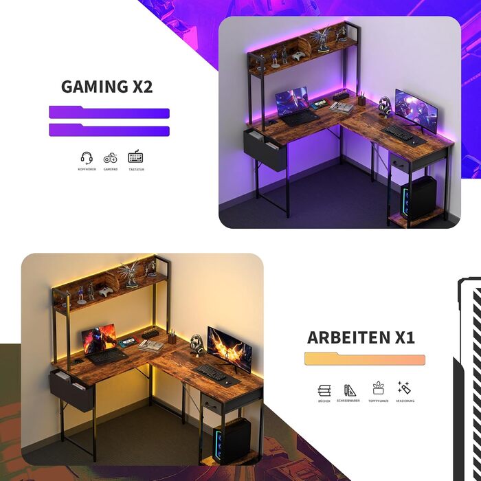Г-подібний стіл Yansee, ігровий стіл зі світлодіодним підсвічуванням, 140110 см, двосторонній Г-подібний стіл з подовжувачем, кутовий стіл з полицею, коричневий