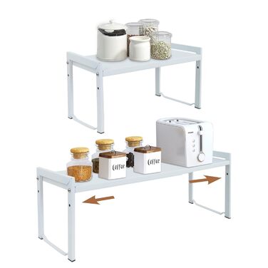 Розширювана полиця для шафи, 66 см, штабелюваний органайзер для кухонної стільниці, кухонна полиця для спецій, полиця для комори, регульований органайзер для шафи, полиця для зберігання речей для кухні та офісу (2 шт., білий M) Білий 2 шт., білий M
