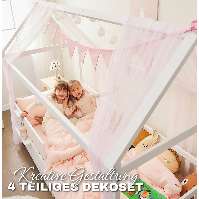 Ліжко для дому 90x200 з шухлядою, матрацом та набором 4-TLG DEKO рожевого кольору, вкл. захист від падіння книжкової полиці та рей