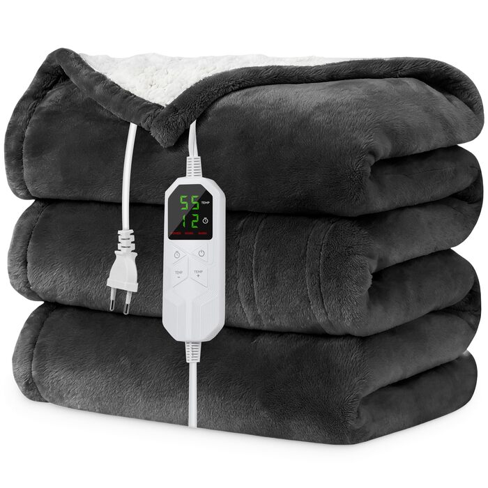 Електрична ковдра з автоматичним вимкненням, 130x180 см, ковдра з підігрівом, 8 режимами нагріву та таймером автоматичного вимкнення 1-12 годин, захист від перегріву, фланелева ковдра з підігрівом, яку можна прати в пральній машині, для дому та офісу, сір