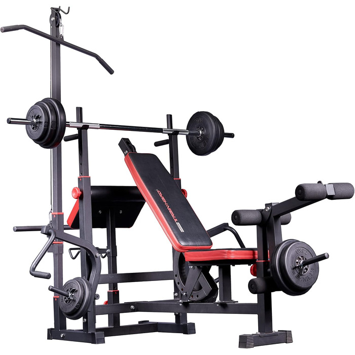 Багатофункціональна силова лава Train Hard з силовою станцією для тяги ширшого хвата, дисками вагою від 90 до 150 кг, штангою та комплектом штанг, що складається зі штанги, гантелей та грифа для згинань рук штанги 100 кг, гантелей та грифа для згинань рук