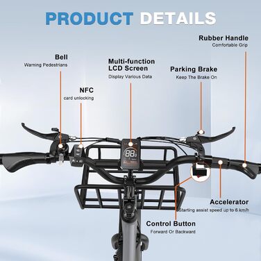 Дюймовий триколісний електровелосипед, знімний акумулятор 48 В 18 Аг, розблокування NFC, передачі вперед і назад, з товстими шинами, фара, вантажний велосипед, вантажопідйомність 200 кг, сірий, 20-