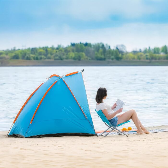 Пляжний намет Blumixx Pop-Up для 2-3 осіб вітрозахисний та сонцезахисний пляжний намет, компактно складаний, легкий дорожній пляжний намет, дитячий пляжний намет, захист від ультрафіолету, 220x120x120 см, бірюзовий
