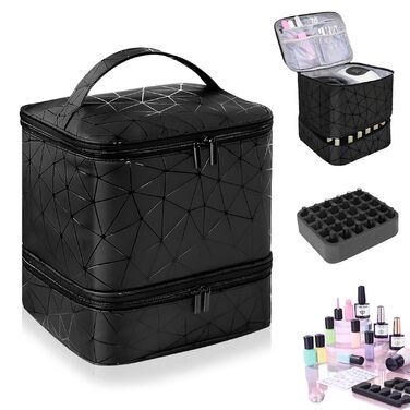 Портативна сумка для зберігання лаку для нігтів HA BIN, двошарова сумка-органайзер для лаку для нігтів на 30 пляшечок 1 лампа, водонепроникна з відділеннями, косметичка для подорожей, чорна