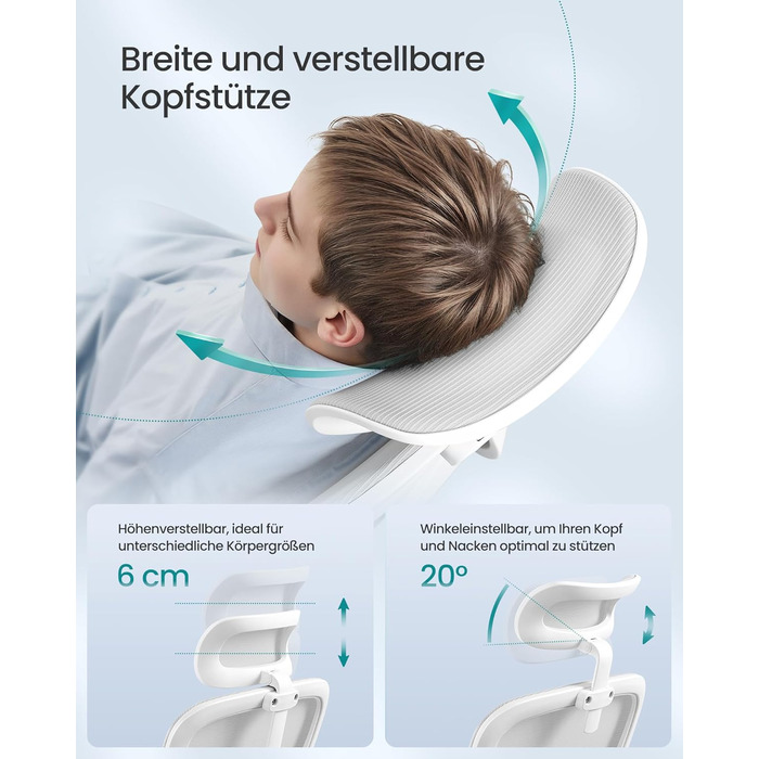 Офісний стілець SONGMICS, стілець для столу, ергономічний сітчастий стілець, з двошаровою сітчастою тканиною, повітропроникний, адаптивна поперекова підтримка, регульований підголівник, для домашнього офісу, колір голубий сірий OBN041G01 з підголівником