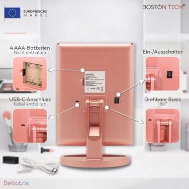 Косметичне дзеркало зі світлом Bellatrix від Boston Tech збільшення /2X/3X/10 шт. 3-стороннє регулювання світлодіодна стрічка поворот на 180 подвійне джерело живлення сенсорний екран